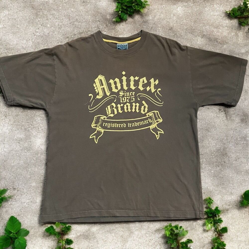 Avirex Brand Vintage Y2K Baggy Fit Brown Graphic T-Shirt Cotton Mens Size Large